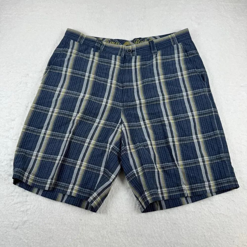 Tommy Bahama Shorts Mens Size 36 Blue Plaid Linen Silk Chino Casual Summer